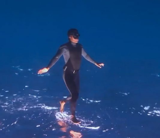 Il court à la surface de l’eau la tête à l’envers