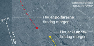 Jonction imminente entre le « Lance », un navire norvégien et les 2 explorateurs, Mike Horn et Borge Ousland