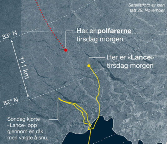Jonction imminente entre le « Lance », un navire norvégien et les 2 explorateurs, Mike Horn et Borge Ousland